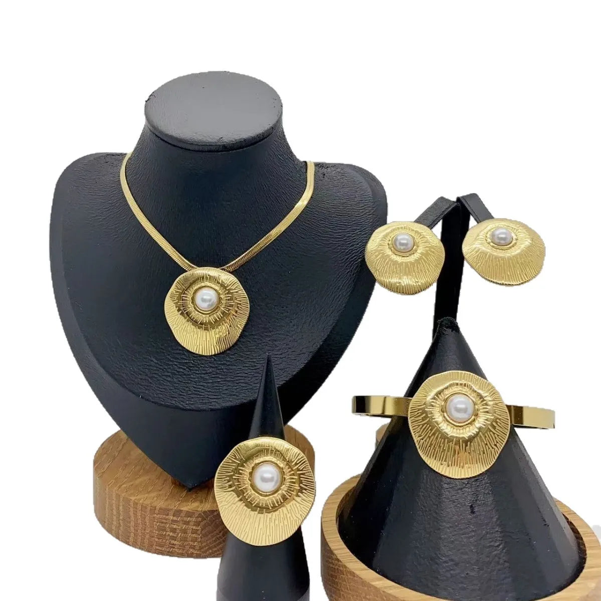 Pearl & Cat's Eye Stone Necklace & Earrings Jewellery Set | Vintage Stainless Steel Fashion Set