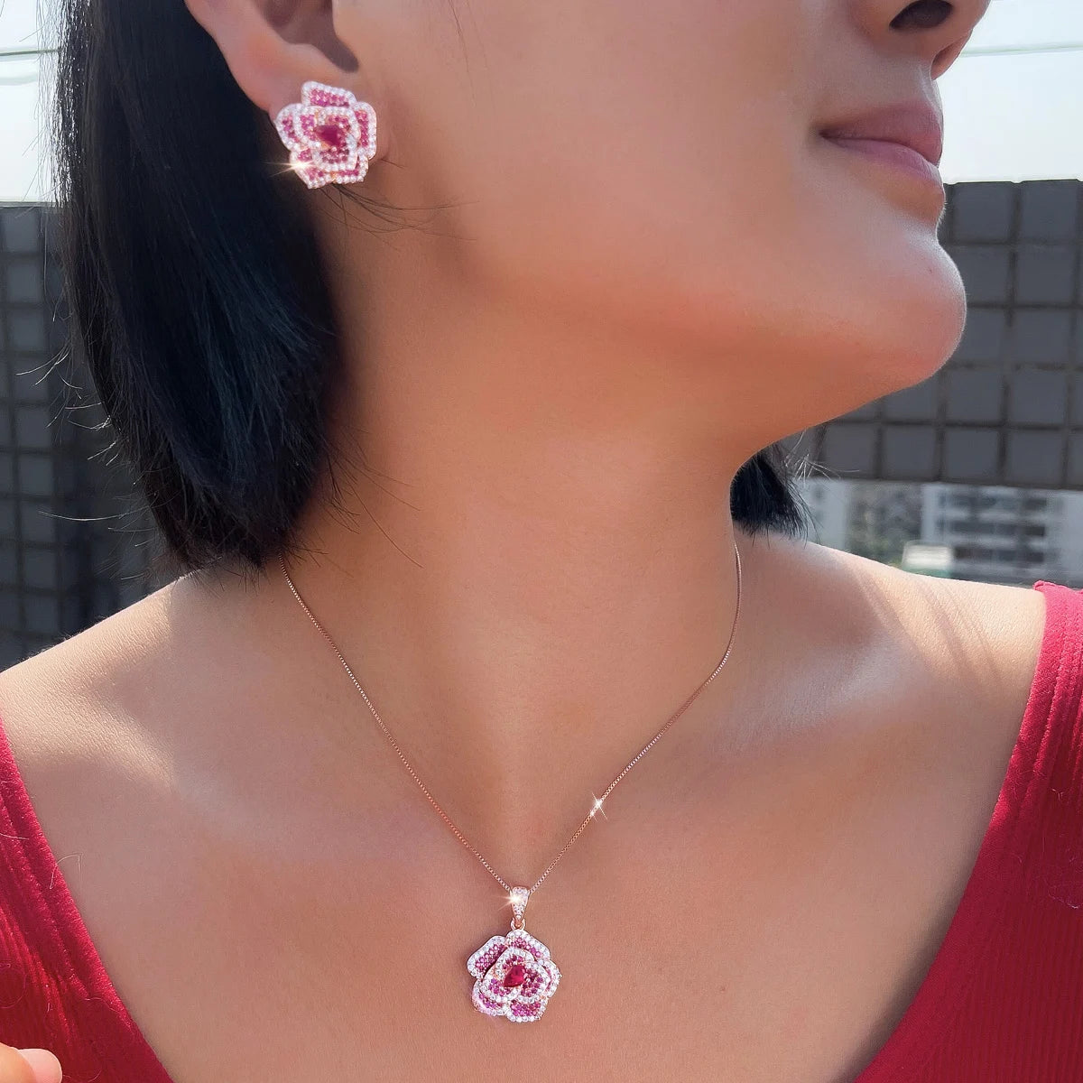 Luxury Rose Gold Plated Pink Sapphire Color Rose Flower Pendant Jewelry Set 5A Cubic Zircon Earrings Necklace for Bridal Wedding