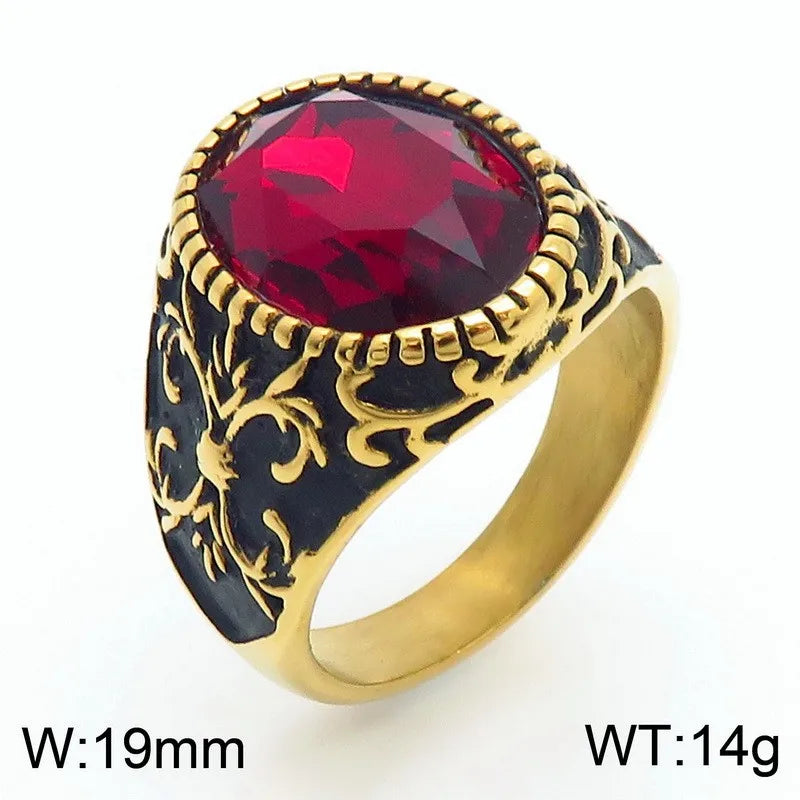 Kalen Vintage Viking Jewelry Luxury Court Style Gemstone Carved Zircon Inlays Stainless Steel Men Rings