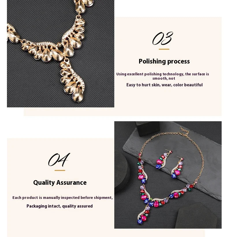 Luxury Multi Color Crystal Drop-Shaped Gemstone Necklace Earrings Jewelry Set for Women