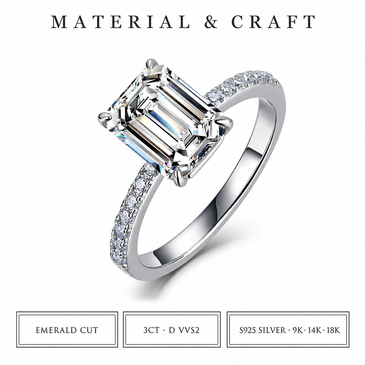 Gioiellieri Elegant Emerald Cut Lab Grown Diamond Ring 3CT D VVS2 9K 10K 14K 18K White Gold/Yellow Gold/Rose Gold Women Fine Fashion Jewelry