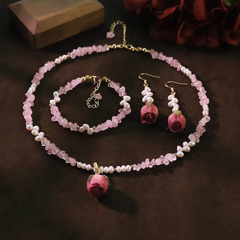 Natural Freshwater Pearl Pink Bud Jewelry Set for Women Daily Wear Dating Valentine's Day Pearl Jewelry Set Bohemian Jewelry