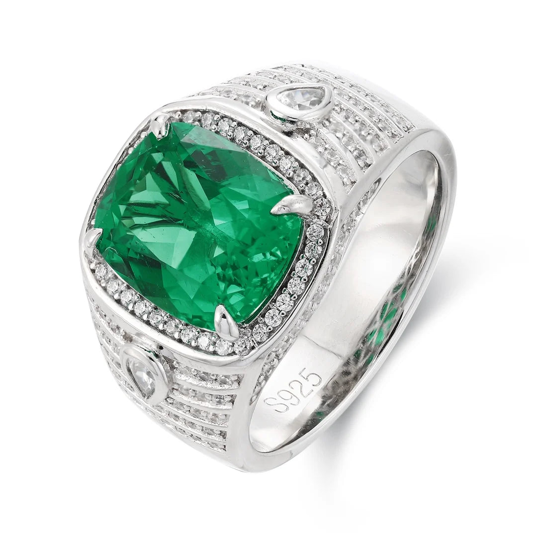 Gemfiori New Design Retro Lab Grown Emerald Gemstone Ring Sterling 925 Silver Mens Rings Big Size Rings for Men Wedding Party Jewlery