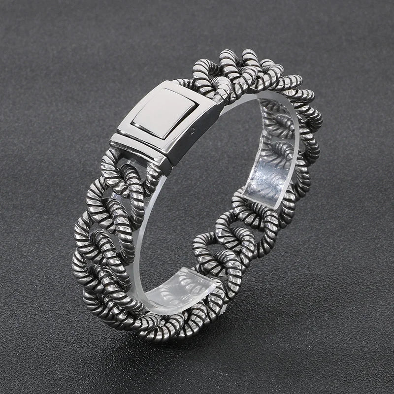 REBEL 215mm Men Punk Stainless Steel Rope-Shaped Cuban Links Bracelet