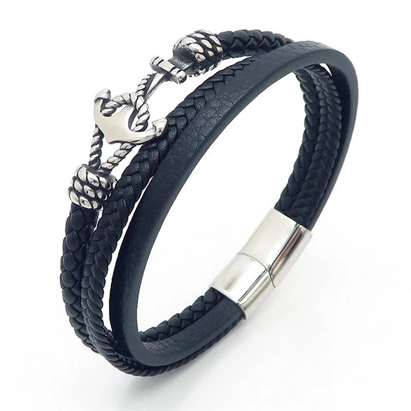 KALEN 210mm Men Vintage Multiple Style Stainless Steel&Cowhide Leather Bracelets