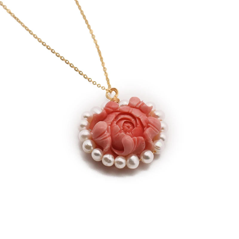 Coral Natural Freshwater Pearl Necklace 18k Brass Gold Plated Flower Elegant Luxury Necklace Jewelry Lover Engagement Gift