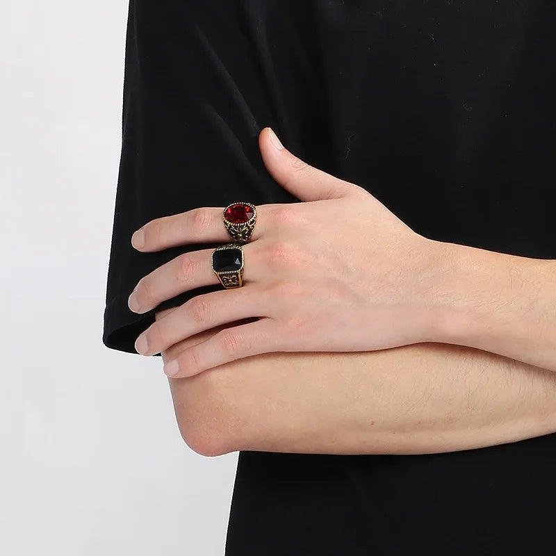 Kalen Vintage Viking Jewelry Luxury Court Style Gemstone Carved Zircon Inlays Stainless Steel Men Rings