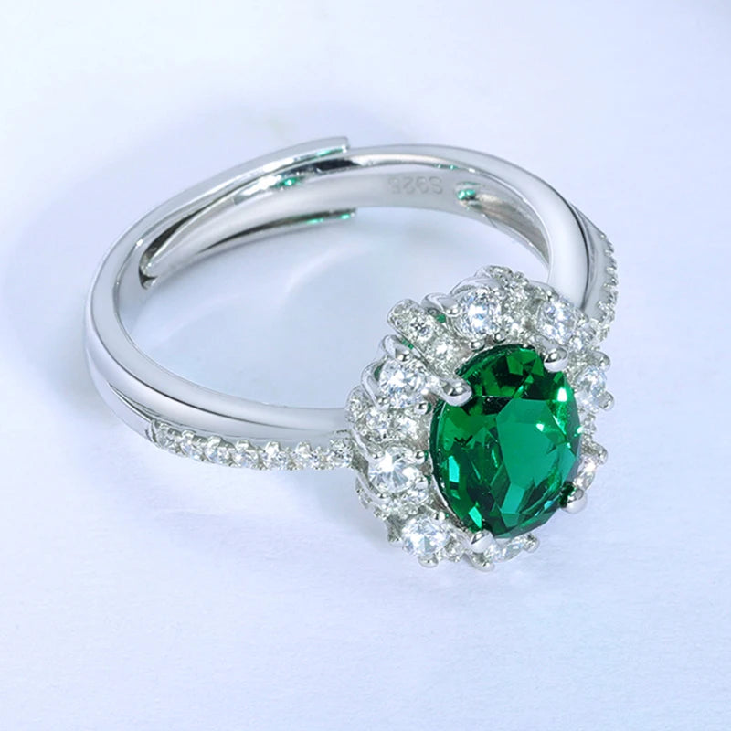 Gemfiori 100% 925 Silver Oval Emerald Stone Promise Ring With Small White Cz Diamonds for Her