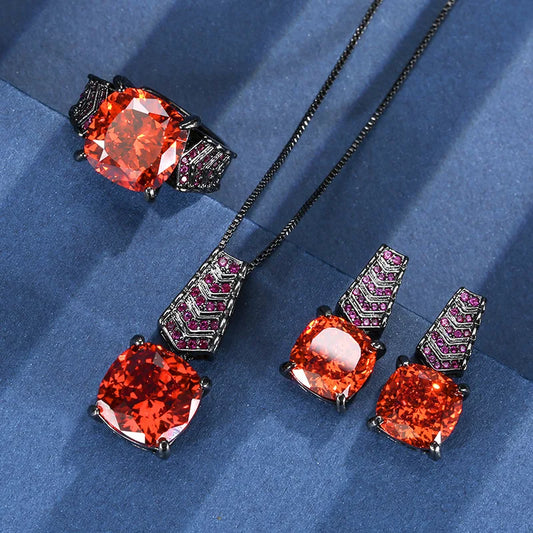 Gemfiori Fashionable Luxury Inlaid Orange Red Cubic Sugar Zircon Pendant Earrings Ring High-end Texture Set