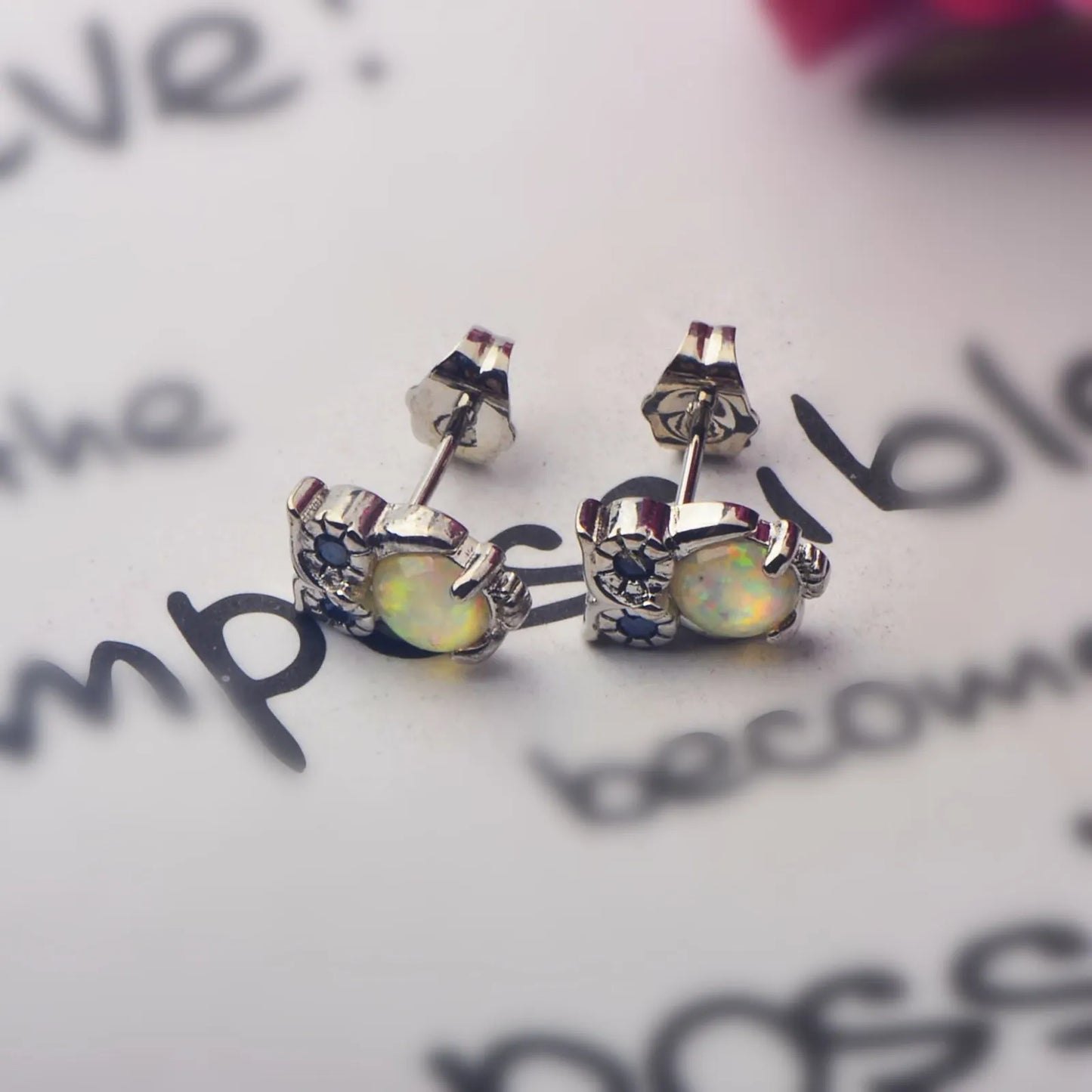Aobao Women's Silver Plated Brass Stud Earrings with Geometric Owl Design Bohemian Christian Style Opal Gift