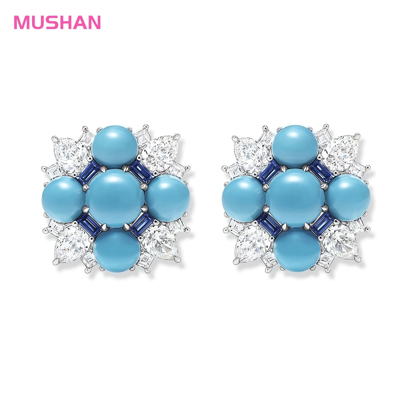 MUSHAN Fine Jewelry Factory 925 Sterling Silver Stud Earrings High Carbon Diamond with Blue Pine Stone Flower Earrings for Women