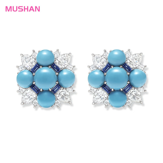MUSHAN Fine Jewelry Factory 925 Sterling Silver Stud Earrings High Carbon Diamond with Blue Pine Stone Flower Earrings for Women