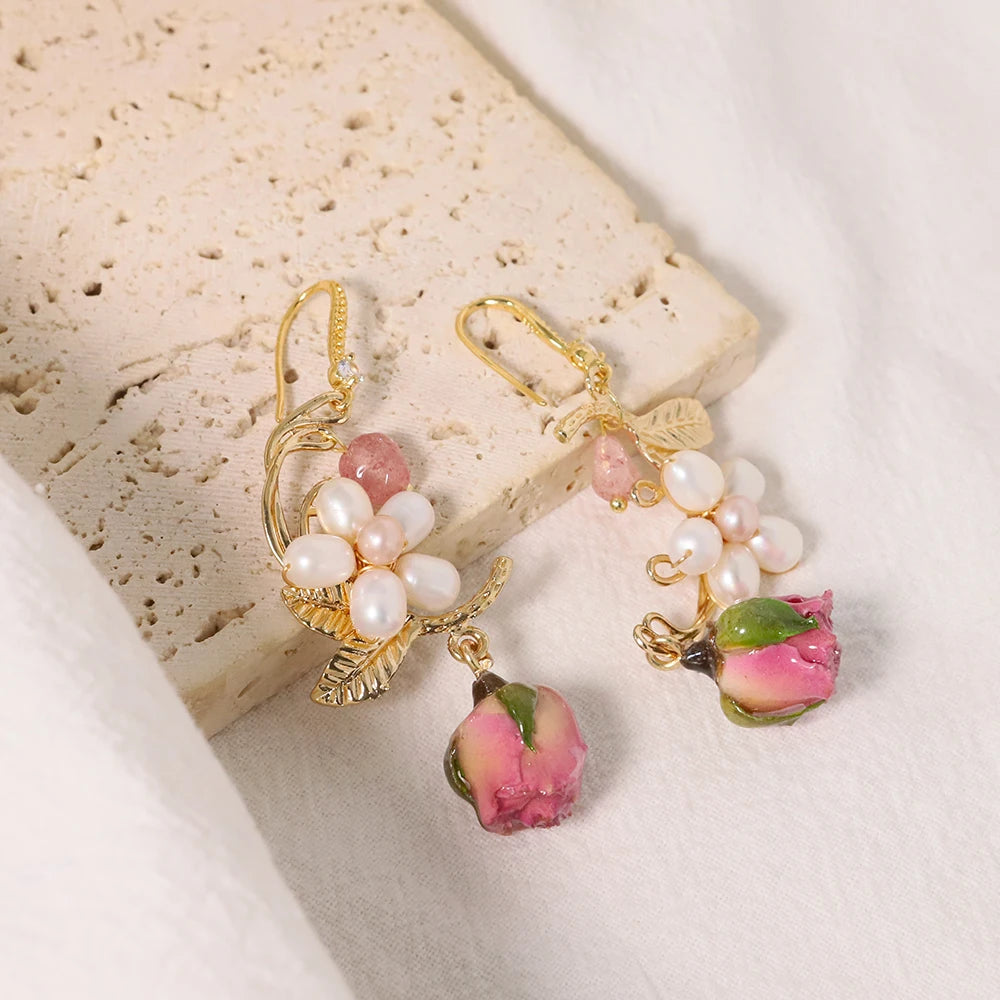 Natural Freshwater Pearl Drop Gel Flower Earrings Korean Style Women Luxury Jewelry Fashion Ladies and Girls Gift GE1524