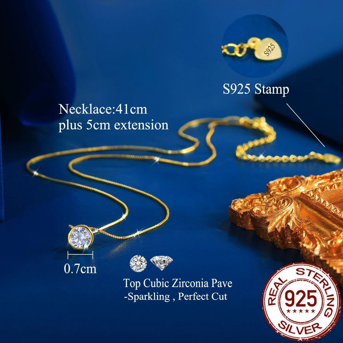 S&S 925 Sterling Silver 7mm CZ Round Pendant Necklace – Gold Plated – Collection