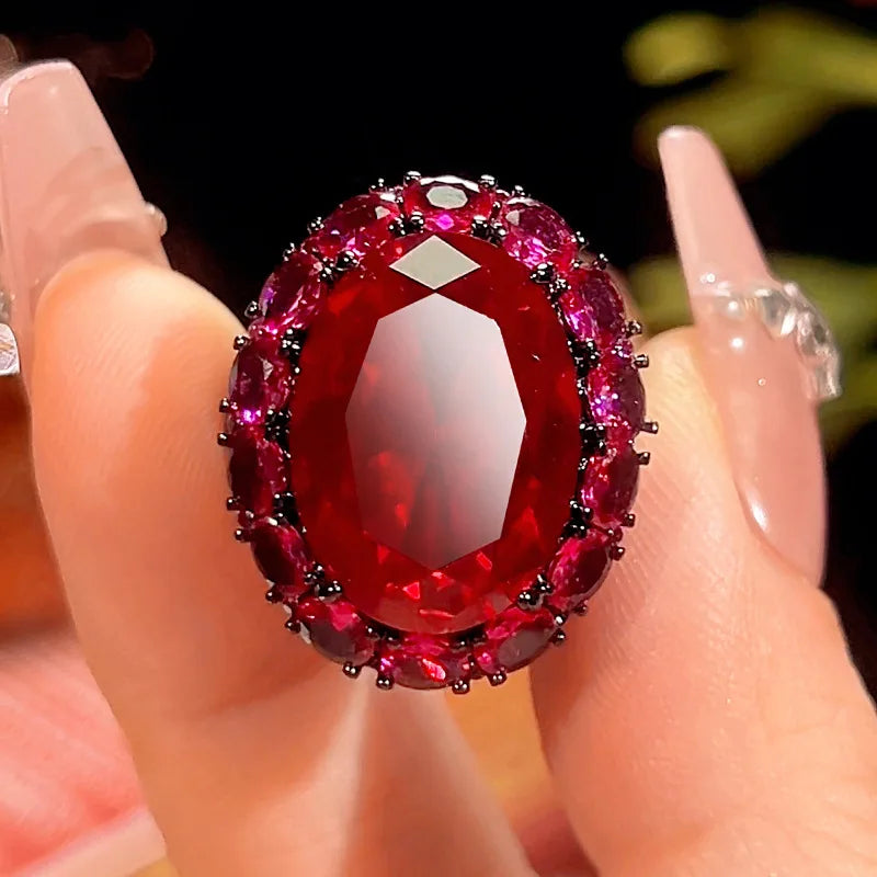 Gemfiori High End Fashion Jewelry Pigeon Blood Red and Sea Blue Zircon Oval Light Luxury Jewelry Set