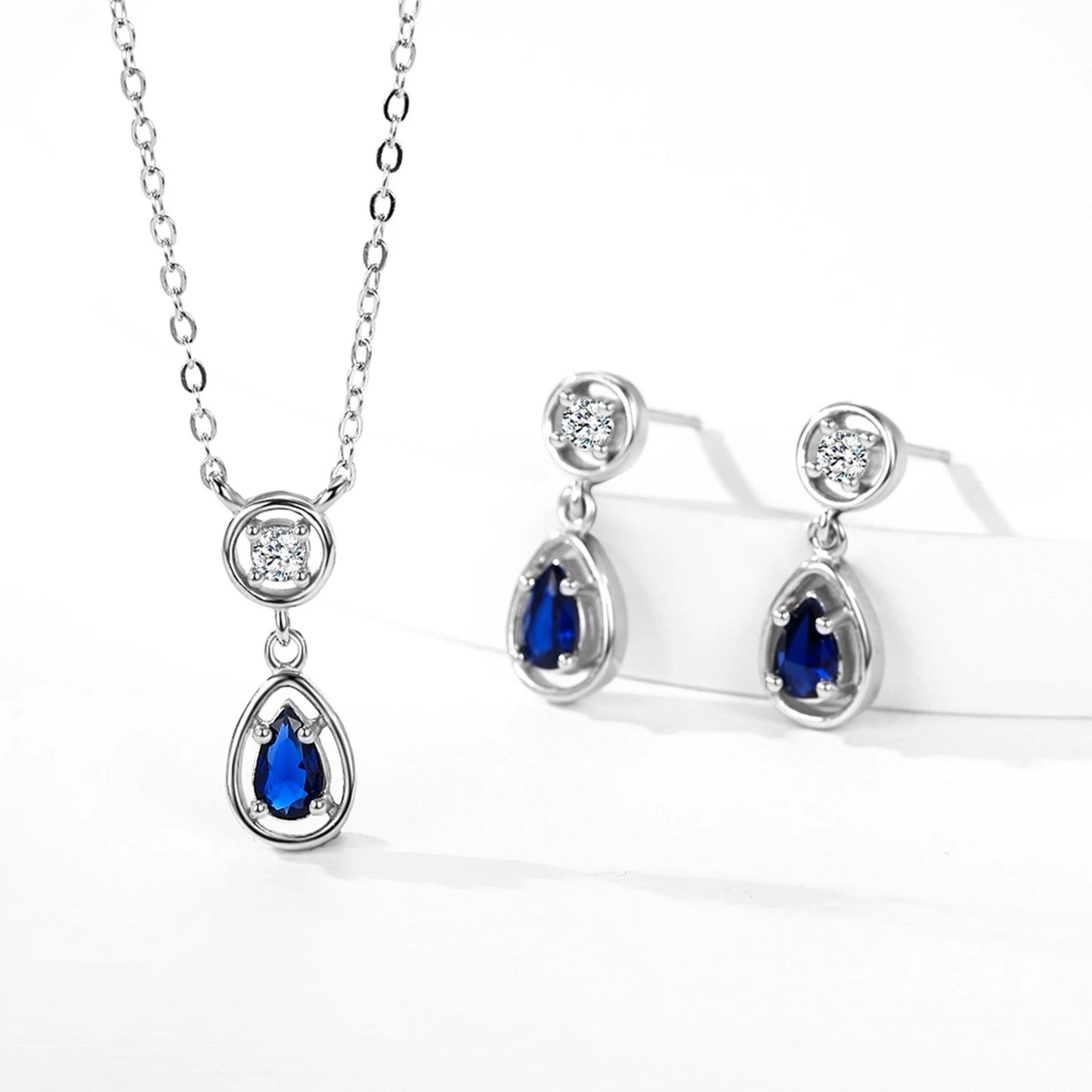 Ailmay Elegant 925 Sterling Silver Water Drop Blue Zircon Pendant Necklace Earrings New Model Jewelry Wedding Gift Set