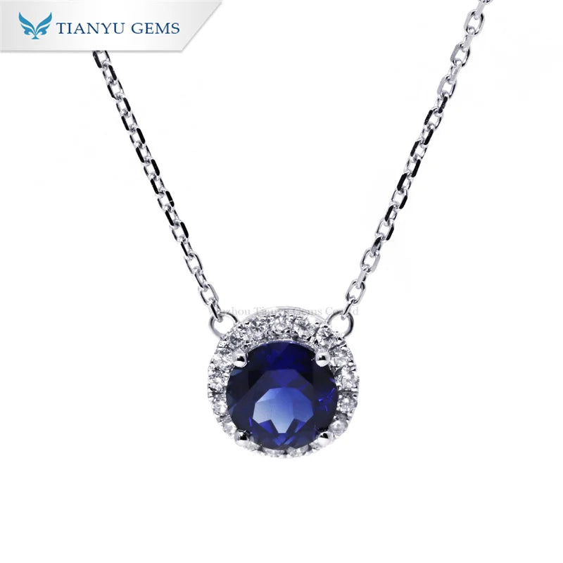 Gemfiori Tianyu Gems Solid Gold Pendant Necklace Ladies 6mm Lab Grown Blue Sapphire 1.2mm VVS Moissanite Choker Pendant Necklace 14K