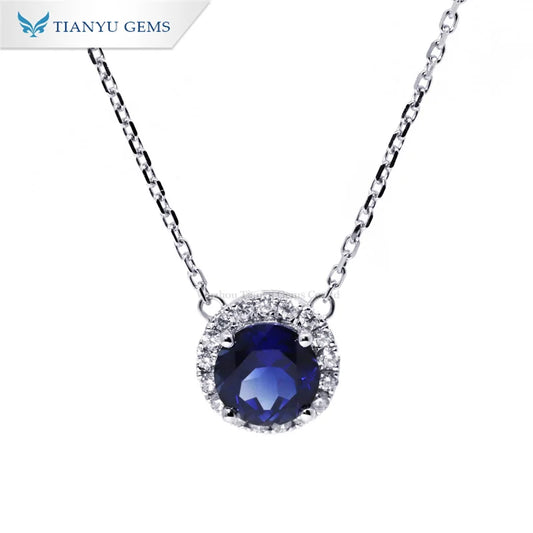 Gemfiori Tianyu Gems Solid Gold Pendant Necklace Ladies 6mm Lab Grown Blue Sapphire 1.2mm VVS Moissanite Choker Pendant Necklace 14K
