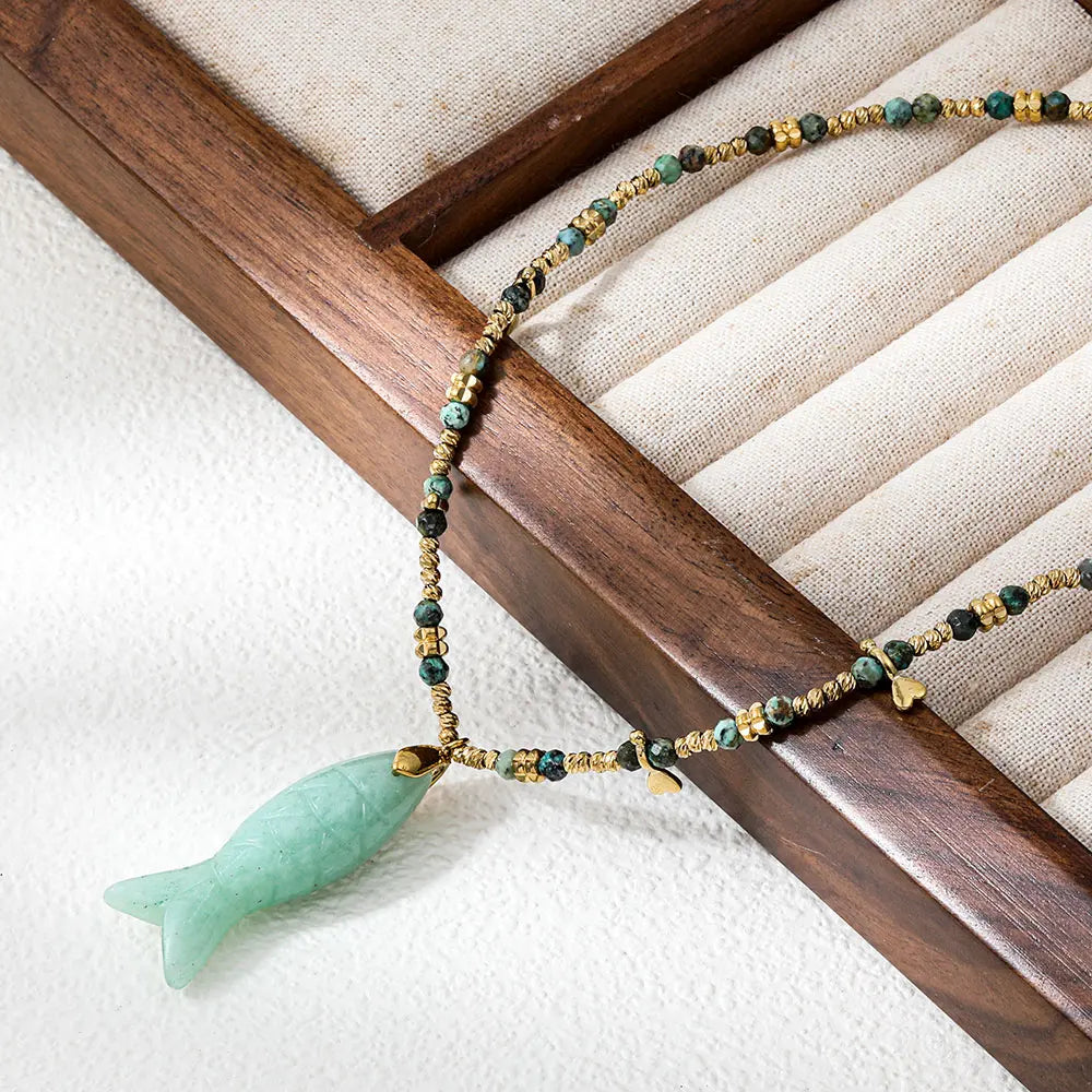Joolim PVD Plated Wholesale Waterproof Boho Healing Conical Fish Pendant Natural Stone Beaded Necklace Stainless Steel Jewelry