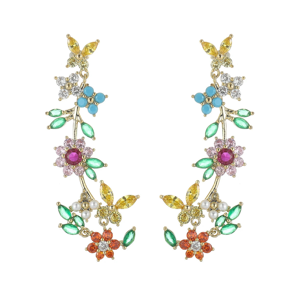 Luxury Women's Multicolor Zircon Flower Statement Earrings Unique Design Pendant Brass Jewelry for Parties
