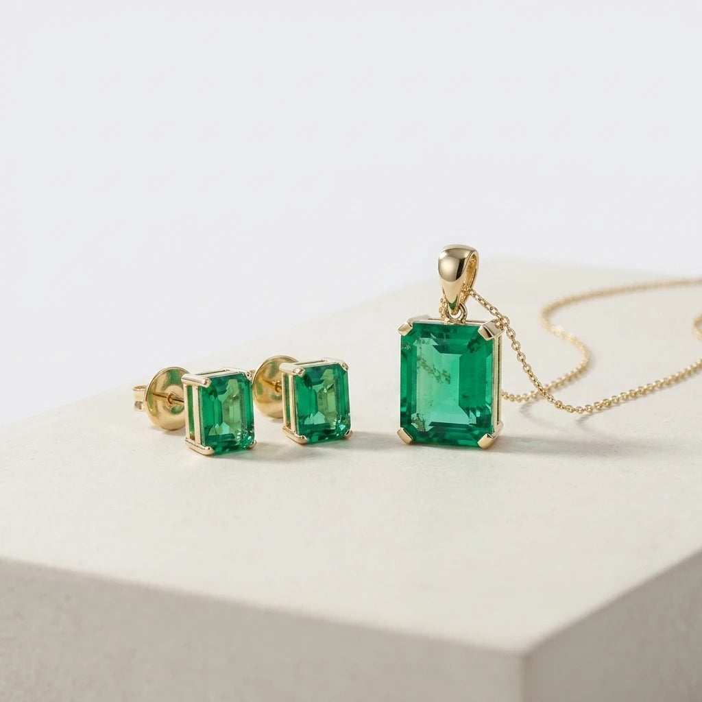 ArtistA 14K Yellow Gold Hydrothermal Lab Green Emerald Stone Necklace and Earring Jewelry Set
