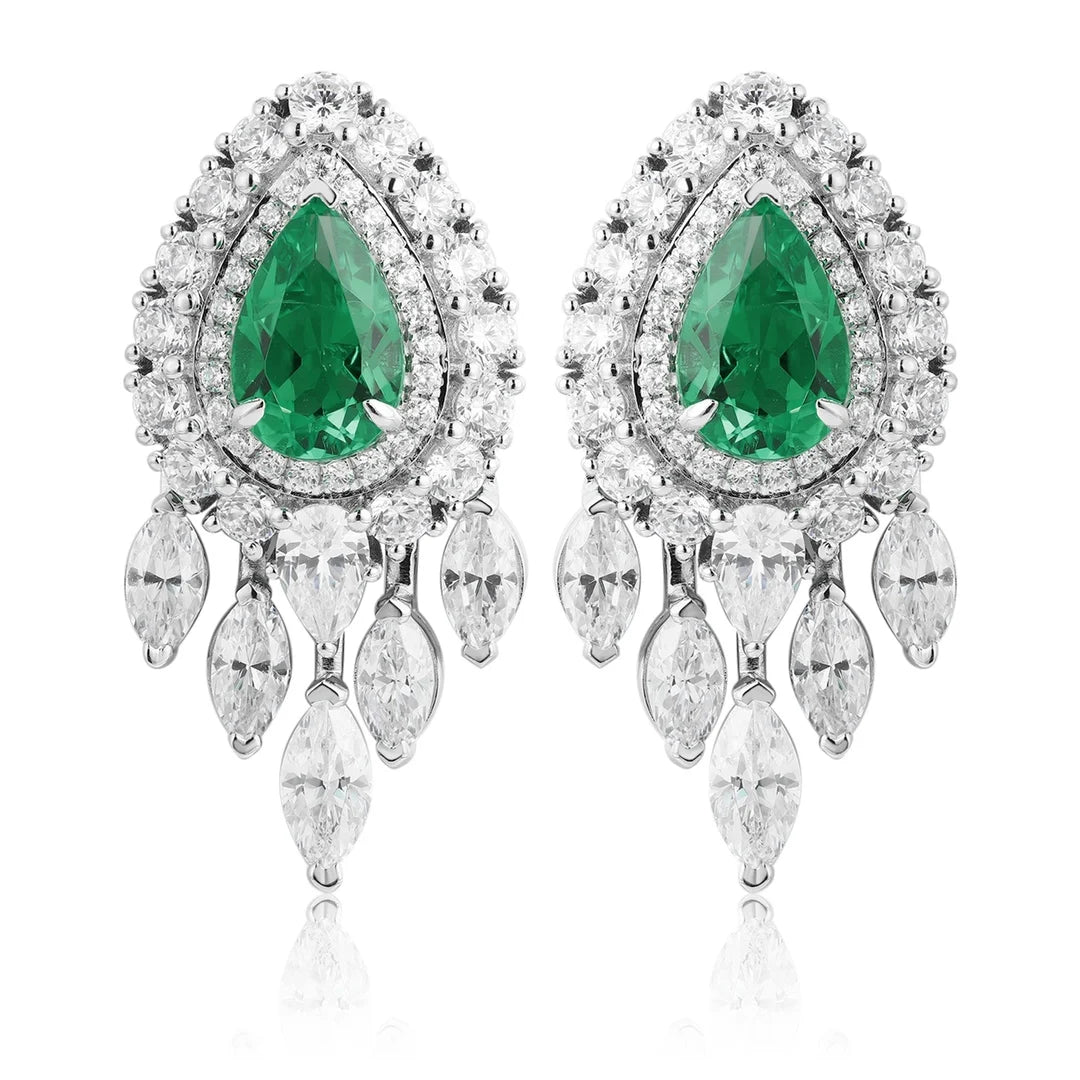 Gemfiori Custom Lab Grown Emerald Sterling Silver 925 Dangle Drop Earrings for Women Luxury Wedding Gemstone Vintage Jewelry