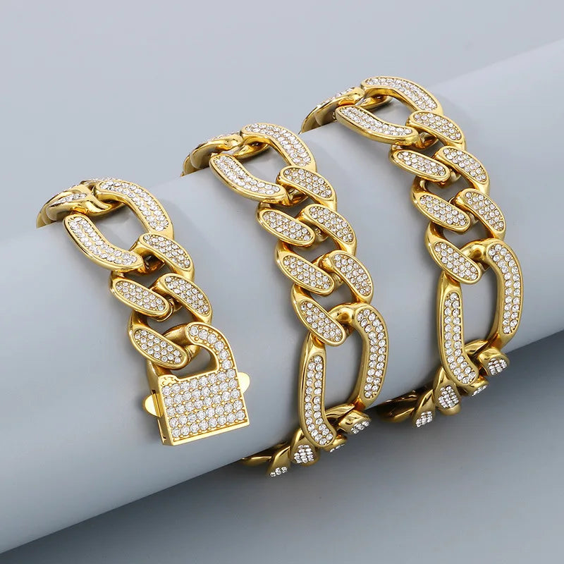 S&S 2PCS/SET European and American Stainless Steel Hip-hop Full Diamond Cuban Chain Stainless Steel Men's Necklace Bracelet Set 2