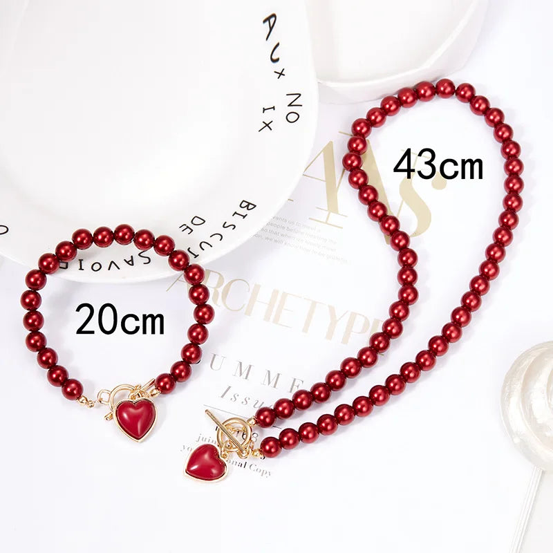 S&S Heart Charm Imitation Pearl Necklace & Bracelet Set – Collection