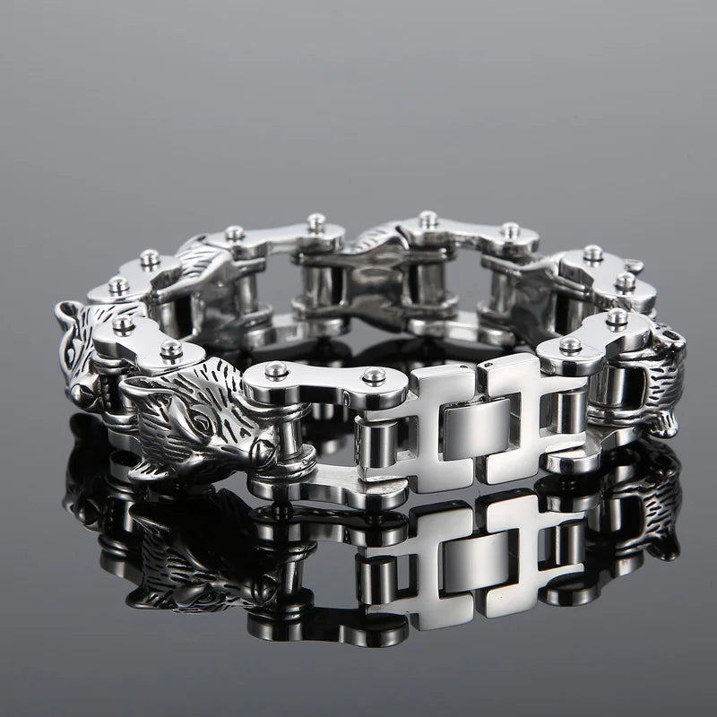 KALEN Punk Stainless Steel Fashion Bracelets Bangles Wolf Heads Bike Chain Bracelet for Men