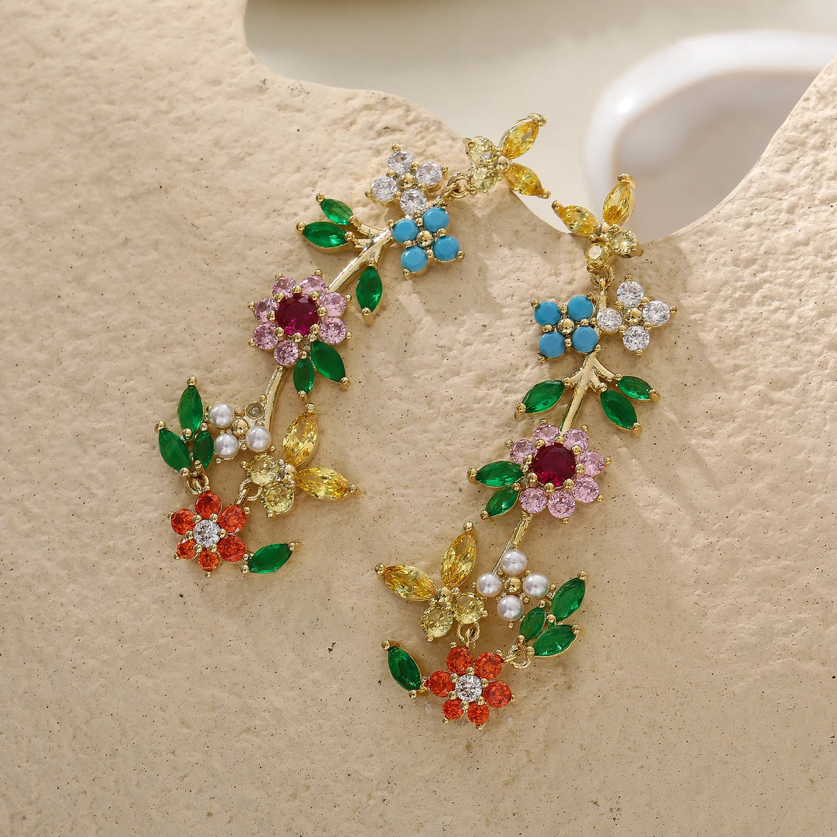 Luxury Women's Multicolor Zircon Flower Statement Earrings Unique Design Pendant Brass Jewelry for Parties