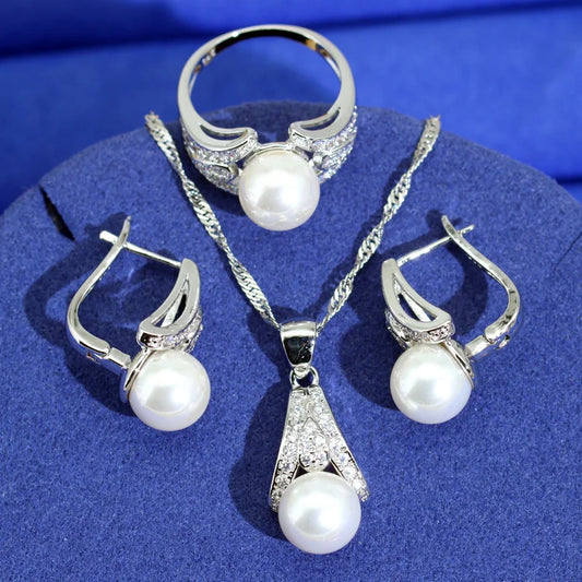 White Pearl Zircon Platinum Plated Sterling Silver Classic Jewelry Sets for Women Wedding Earrings Necklace Pendant Ring Gifts