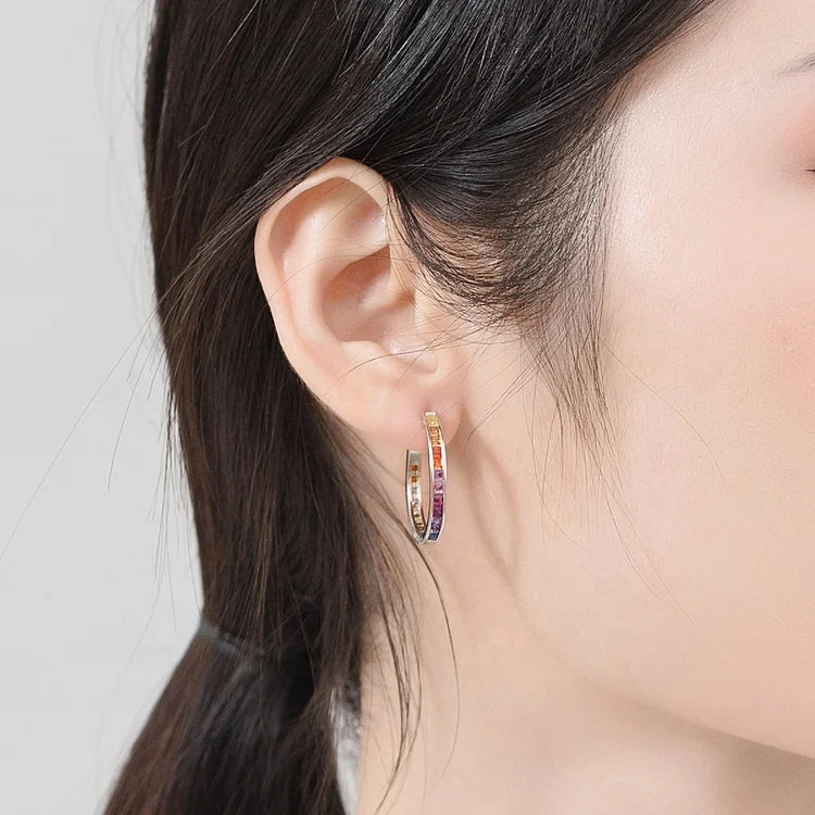 ArtistA Fashion Rainbow Jewelry Custom CZ 925 Sterling Silver Rhodium Plated Rainbow Color Cubic Zirconia Hoop Huggie Earrings for Women