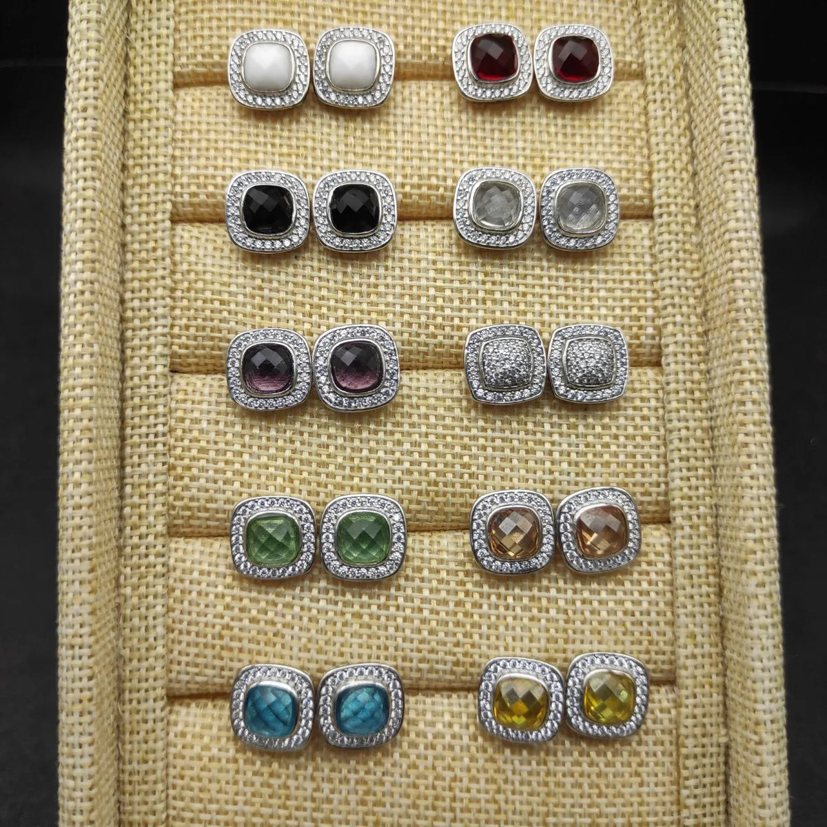 DY High-Quality Silver-Plated 7mm Square Diamond Stud Earrings. Gold-Plated 7mm Colored Gemstone Stud Earrings.Wholesale Jewelry