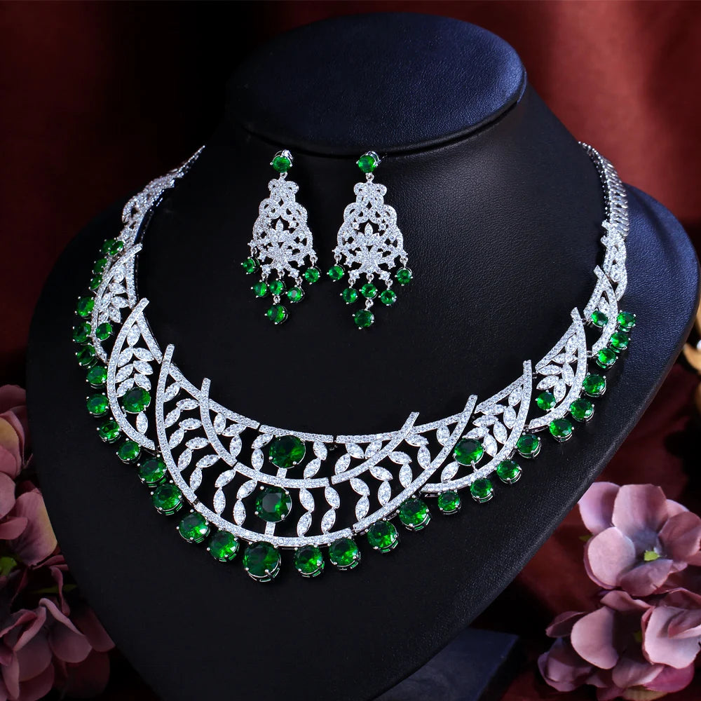 Luxury Necklace and Earrings White and Emerald Green Cubic Zirconia Super Big Jewelry Set for Women Banquet Engagement Jewelry