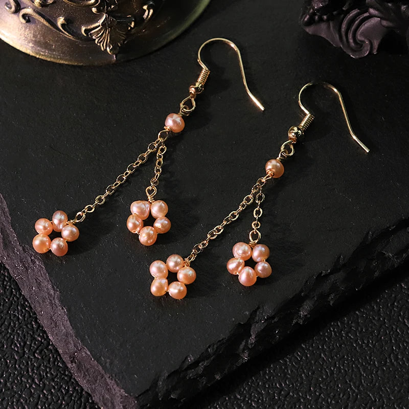 Pink Natural Pearl Chain Earrings Handmade Design Earrings Gift Banquet Wedding Women's Jewelry GE1814