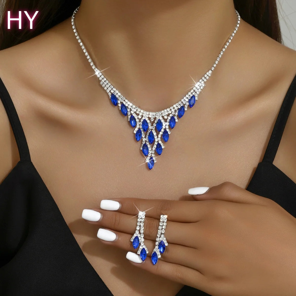 HY  Crystal Claw Chain  Plated Wedding Dress Accessory Set Red Horse Eye Zircon Elegant Necklace Bracelet Earring Gift