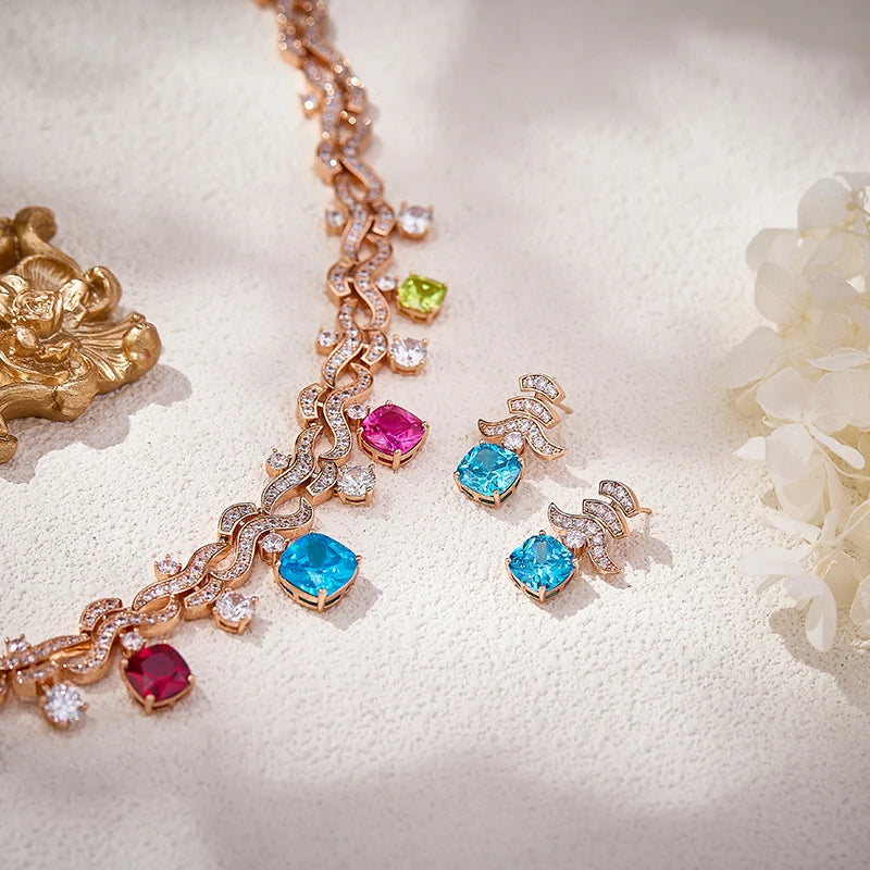 Colorful Zircon Brass Evening Gown Necklace Earring Set High-end Luxury  Dubai Fashionable Women's Jewelry