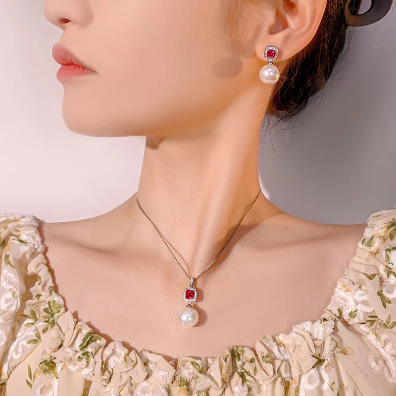 Gemfiori High Quality Luxury Jewelry Brass Gold-plated White Pearl Pendant Earrings High-end Set Holiday Gift