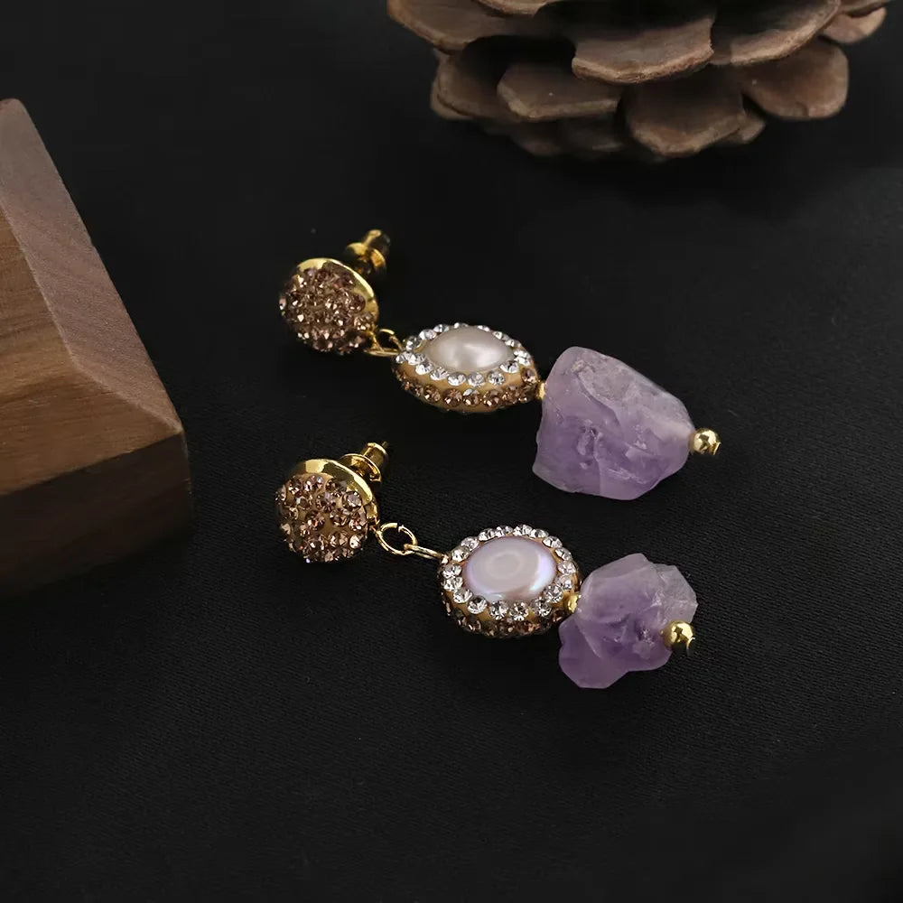 Natural Baroque Pearl Amethyst Pendant Earrings for Women Korean Classic Vintage Fashion Jewelry Stud Earrings GE1604