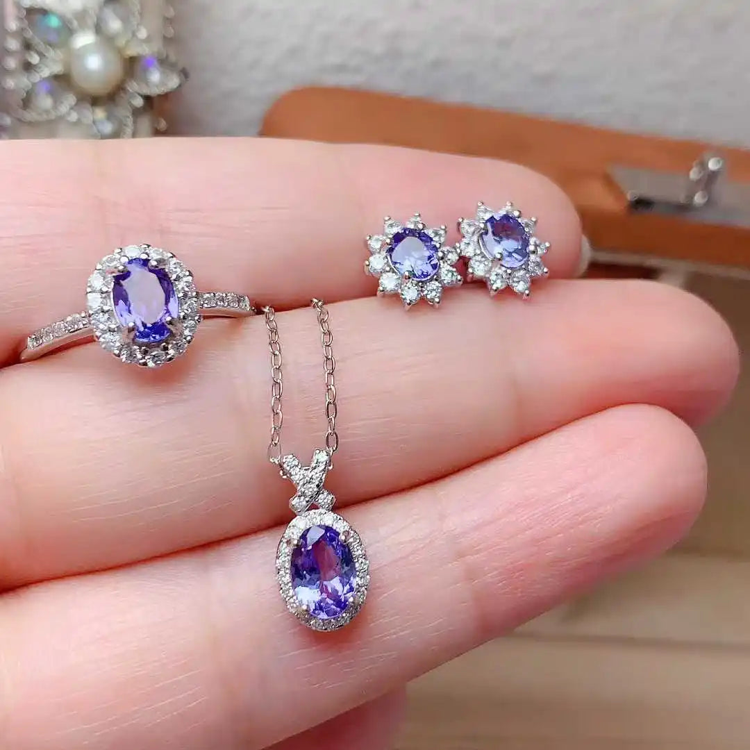 TrendyFashion Designer Luxury Silver 3-Piece Jewelry Set Necklace Earrings Ring for Women Wedding Engagement Gift
