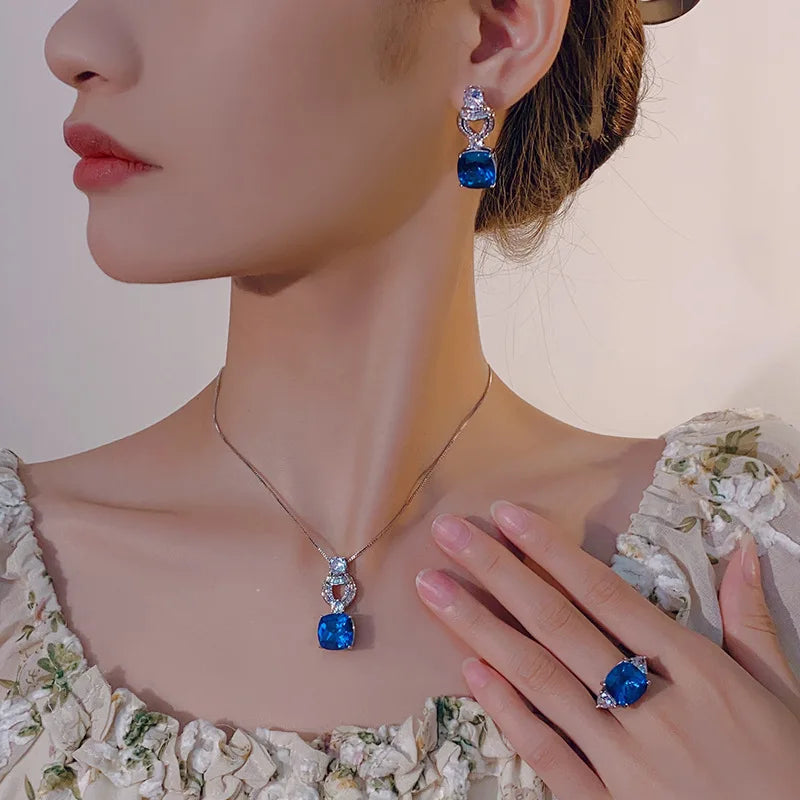 Fashion Elegant Eco-friendly Copper 12*12mm Blue Zircon Brass Pendant Earrings Set Jewellery Sets for Women High Quality