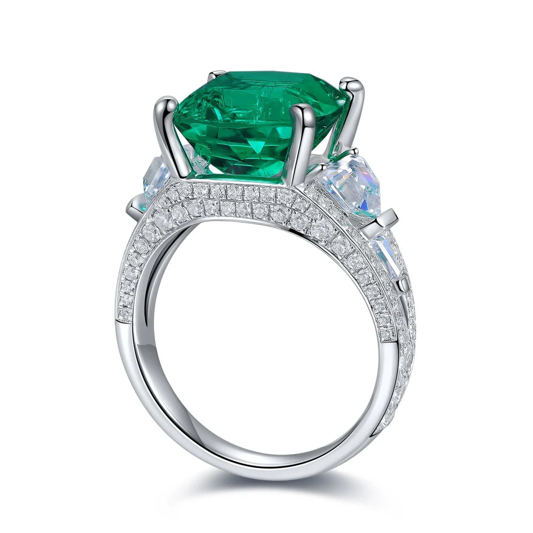 Gemfiori Jewelry Trendy High Quality S925 Silver Cultivated Emerald Ring Unisex Engagement Ring for Wedding Party or Gift