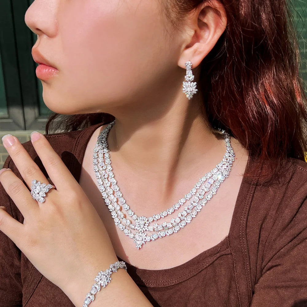 4pcs Necklace Earrings Bracelet Ring Women Zirconia Multiple Layer Wedding Jewelry Set for Bridal Luxury Costume Accessories