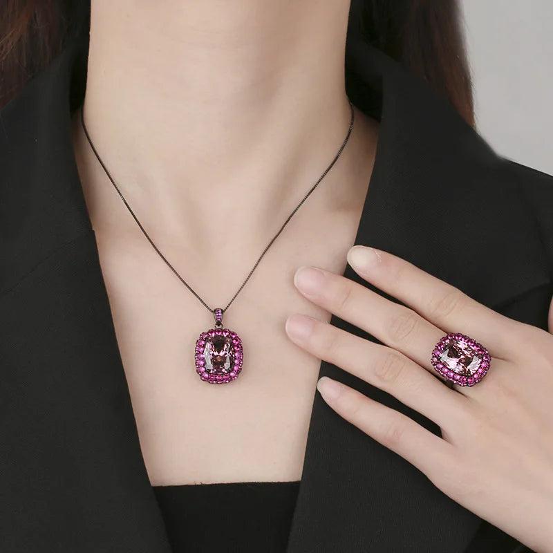 Gemfiori Korean Version Fashionable square Zircon Pendant Ring Accessory Ring Necklace Set