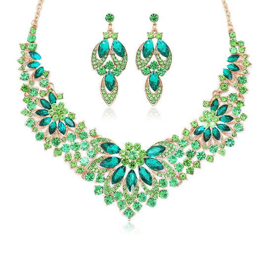 Retro Leaves & Flowers Crystal Necklace & Earrings Set | Exaggerated Luxury Bridal Jewellery | 10 Colours