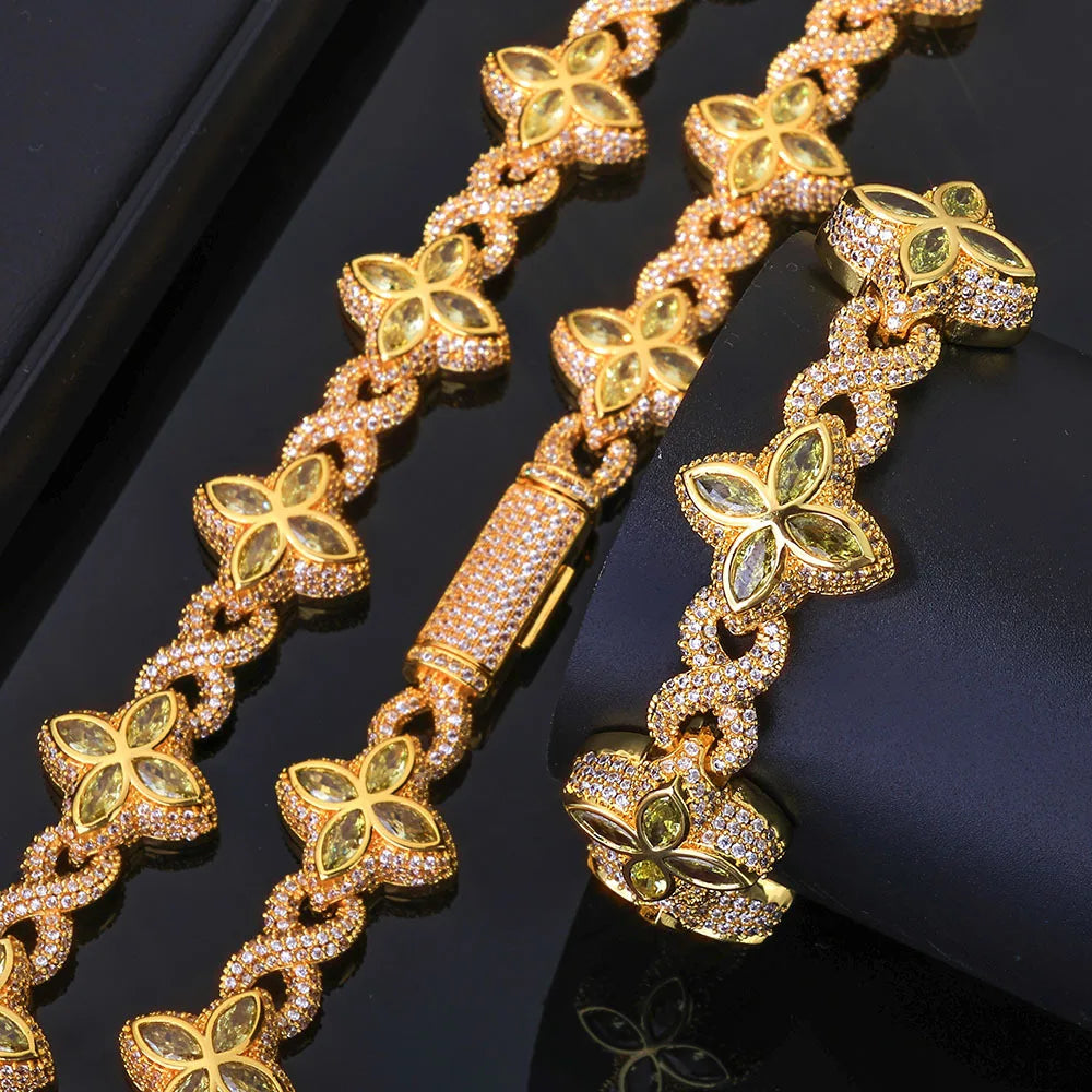 REBEL European American Hip Hop Four Leaf Clover 8-Character Chain Cuban Link Unisex Iron Plant Pattern High-End Bracelet