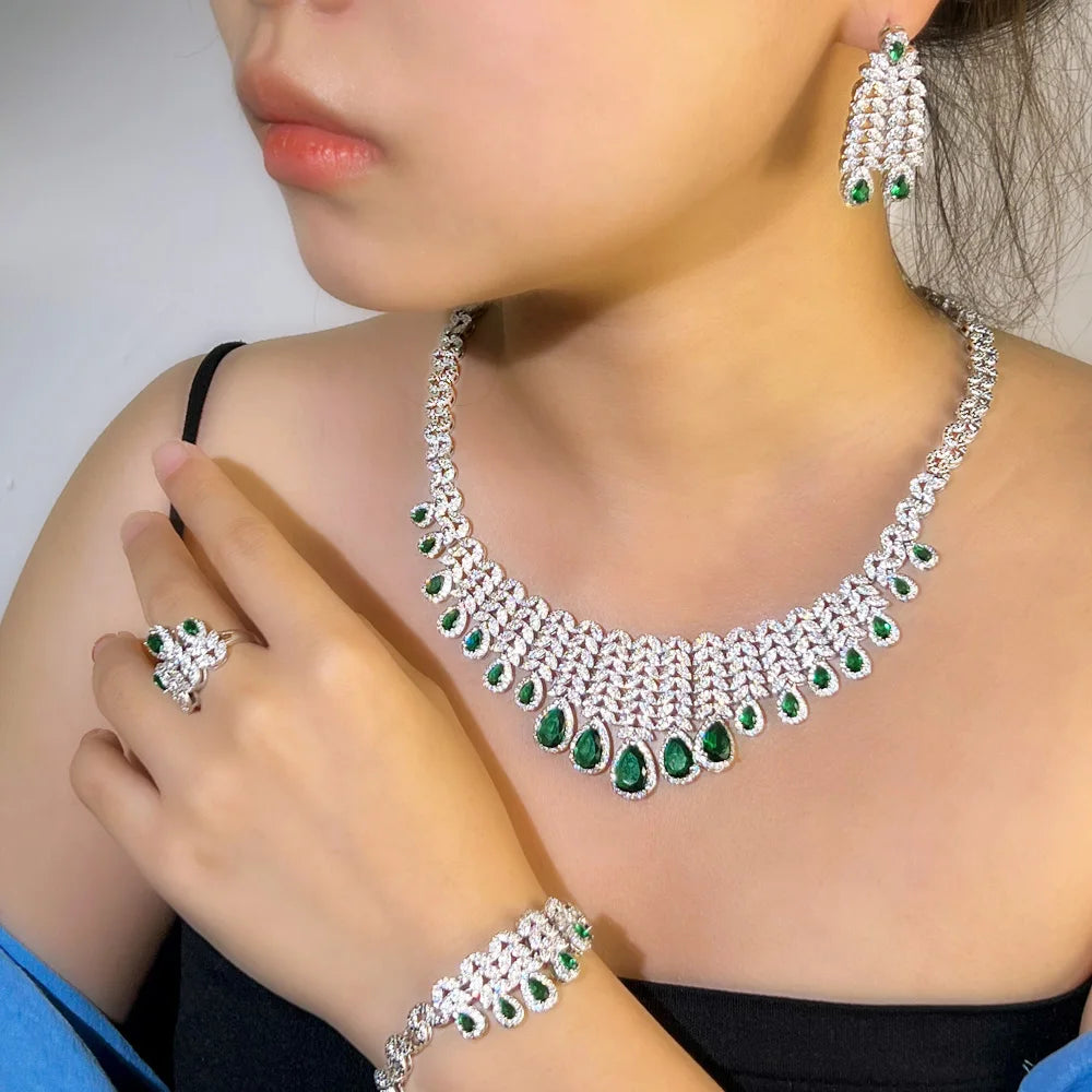 Luxury Water Drop Big Statement Jewelry Set for Women Wedding Green Cubic Zircon CZ African Dubai Saudi Arabia Bridal Jewelry