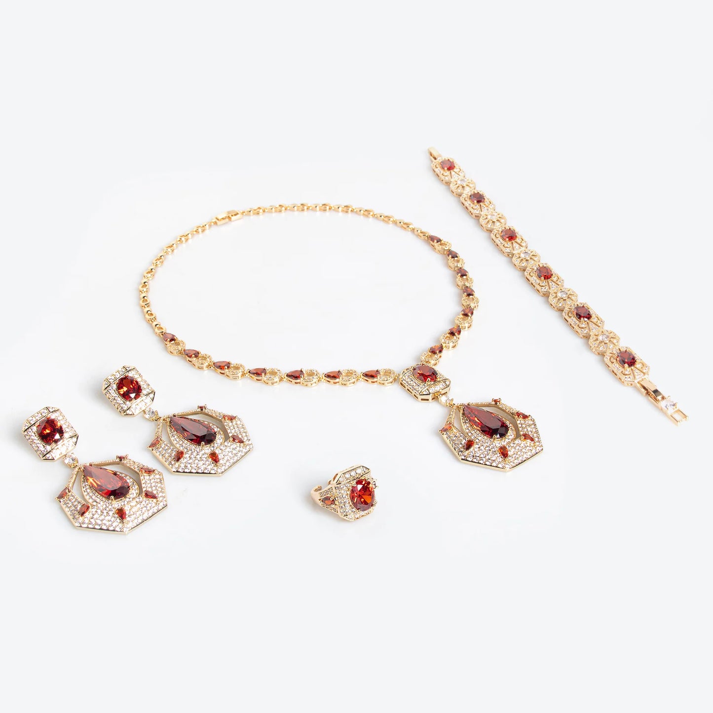 Luxury Round Brilliant-Cut Zirconia 4-Piece Gulf Bridal Set — Necklace, Bracelet, Earrings & Ring — Rhodium & Gold Plated