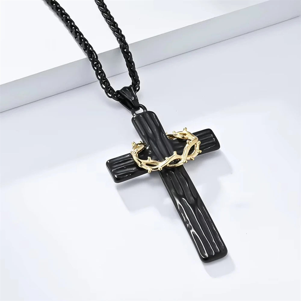 Hip Hop Wreath Wood Grain Religious Cross Anti Non Tarnish Free WaterProof Stainless Steel Fashion Jewelry Pendant Necklaces Men