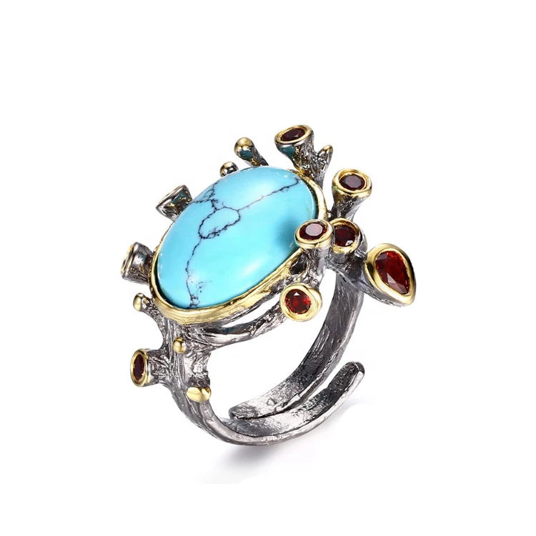 Handmade Gemstone Turquoise 925 Sterling Silver Adjustable Open Ring